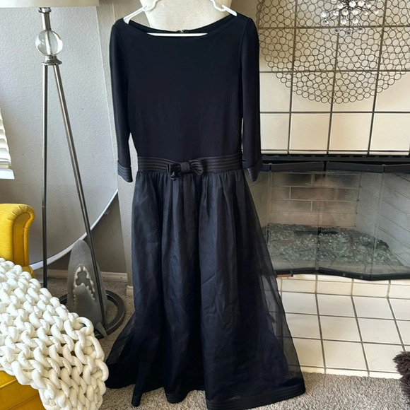 80s black Tadashi Organza and Jersey Gown tulle layers bow mid sleeve boat neck - Picture 16 of 16